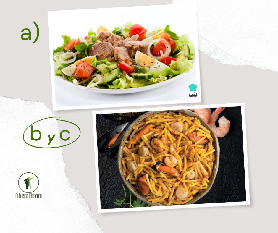 Ensalada de verduras variadas con fideos gordos con pescado y marisco